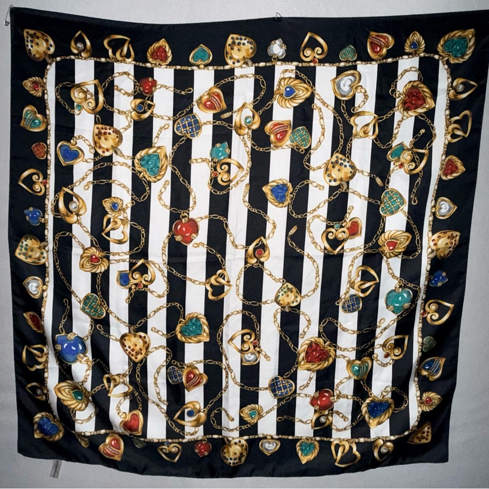 Victoria's Secret Black and White Striped Scarf with Colorful Heart Accents